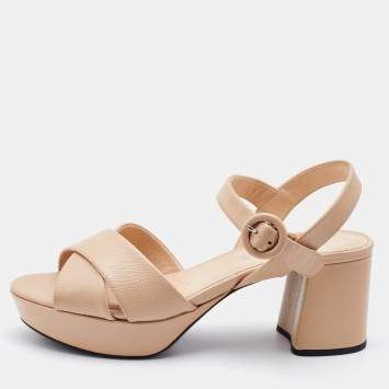 Pre Owned Prada Beige Patent Leather Criss Cross Ankle Strap Block Heel Platform Sandals Size 37.5