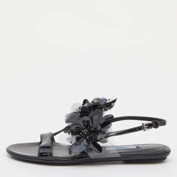 Pre Owned Prada Black Patent Leather and PVC Crystal/Beads Embellished Flat Sandals Size 38