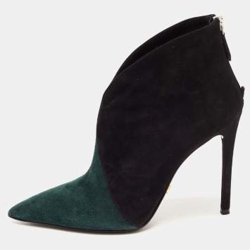 مملوكة مسبقًا Prada Black/Green Suede Pointed Toe Ankle Booties Size 37.5