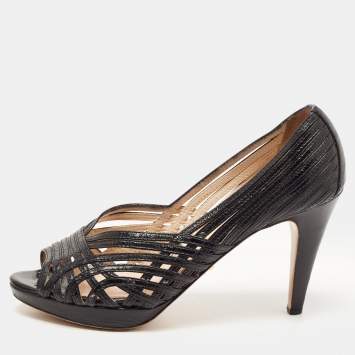Pre Owned Prada Black Leather Cut Out Peep Toe Pumps Size 37.5