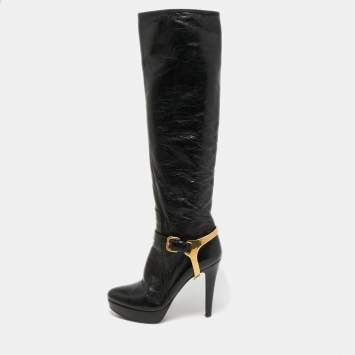 مملوكة مسبقًا Prada Black Leather Platform Knee Length Boots Size 38.5