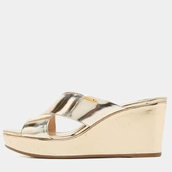 Pre Owned Prada Gold Foil Leather Criss Cross Wedge Platform Slides Sandals Size 38