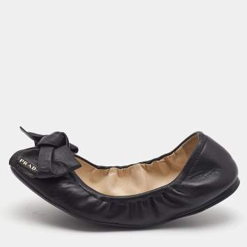 Pre Owned Prada Black Leather Bow Scrunch Ballet Flats Size 37.5