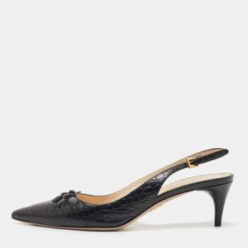 Pre Owned Prada Black Croc Embossed Leather Bow Slingback Pumps Size 37.5