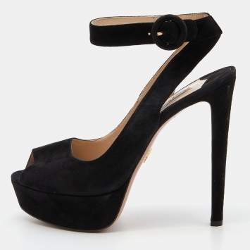 Pre Owned Prada Black Suede Peep Toe Platform Ankle Strap Sandals Size 40