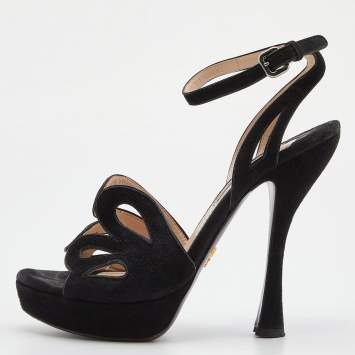 Pre Owned Prada Black Suede Platform Ankle Strap Sandals Size 38.5