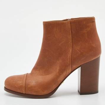 Pre Owned Prada Tan Leather Zip Ankle Boots Size 39