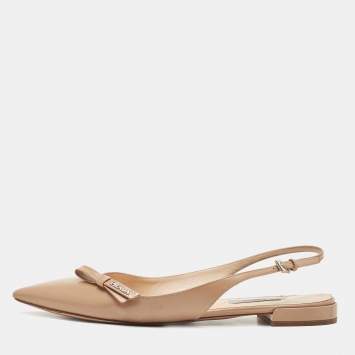 Pre Owned Prada Beige Vernice Saffiano Leather Bow Slingback Flats Size 40