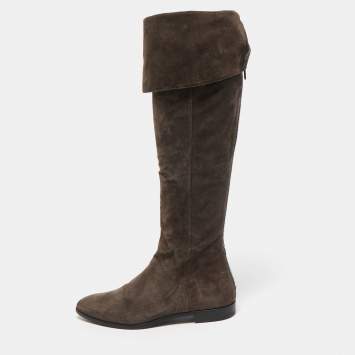 مملوكة مسبقًا Prada Dark Brown Suede Fold Over Knee Length Boots Size 37