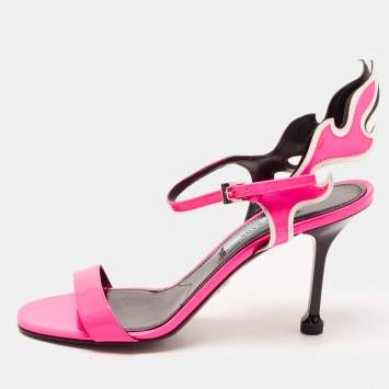 Pre Owned Prada Pink/Black Patent and Leather Flame Sandals Size 36.5