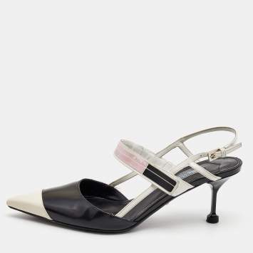 Pre Owned Prada Black/White Leather and Rubber Mary Jane Slingback Pumps Size 39.5