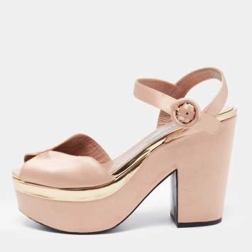 Pre Owned Prada Pink Satin Peep Toe Platform Ankle Strap Sandals Size 38