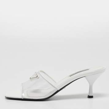 Pre Owned Prada Transparent/White PVC and Patent Leather Trim Triangle Logo Slide Sandals Size 38