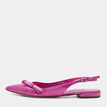 Pre Owned Prada Metallic Pink Leather Bow Pointed Toe Slingback Flats Size 37.5