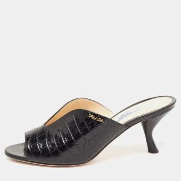 Pre Owned Prada Black Croc Embossed Leather Mules Size 39