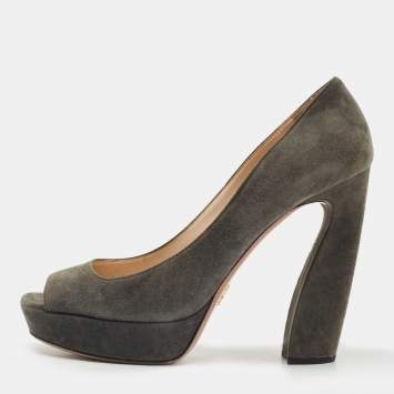 Pre Owned Prada Dark Grey Suede Peep Toe Platform Pumps Size 40