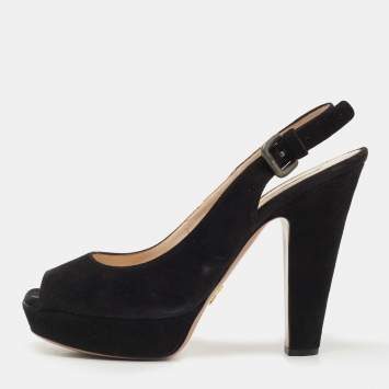 Pre Owned Prada Black Suede Peep Toe Slingback Platform Pumps Size 40.5