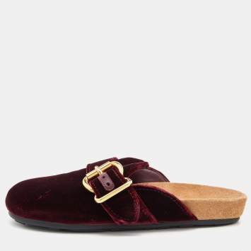 Pre Owned Prada Burgundy Velvet Flat Mules Size 38