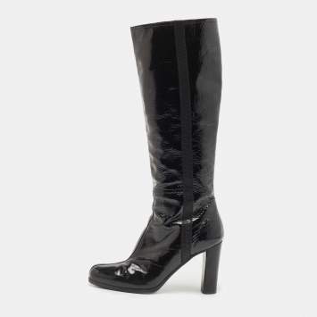 مملوكة مسبقًا Prada Black Patent Leather Knee Length Boots Size 39