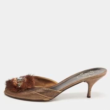 Pre Owned Prada Metallic Bronze Leather and Fur Crystal Embellished Mules Size 38.5