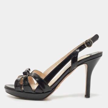 Pre Owned Prada Black Saffiano Vernice Leather Bow Platform Slingback Sandals Size 35.5