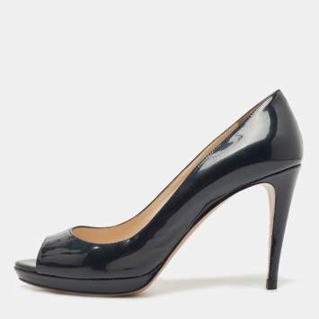 Pre Owned Prada Dark Navy Blue Patent Leather Peep Toe Platform Pumps Size 38.5