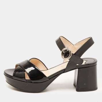 Pre Owned Prada Black Patent Leather Crisscross Ankle Strap Sandals Size 36