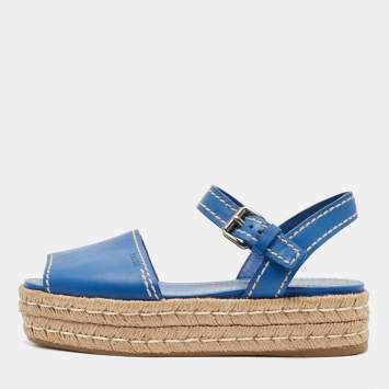 Prada Blue Leather Espadrille Platform Sandals Size 38