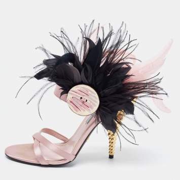 Pre Owned Prada Pink Satin and Feather Embellished Ankle Strap Sandals Size 38