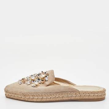 Pre Owned Prada Beige Suede Crystal Embellished Pointed Toe Espadrille Mules Size 38