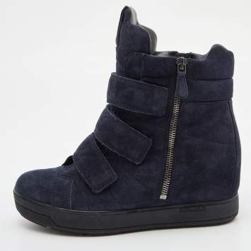 Pre Owned Prada Sport Blue Suede High Top Wedge Sneakers Size 37.5