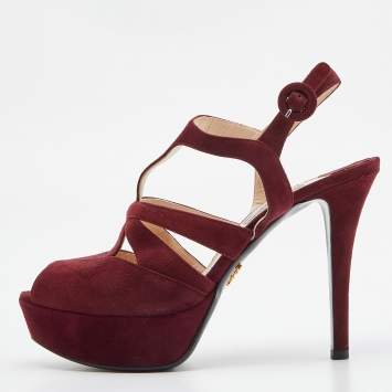 Pre Owned Prada Burgundy Suede Peep Toe Slingback Platform Sandals Size 39