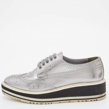 Pre Owned Prada Silver Brogue Leather Derby Espadrille Sneakers Size 37