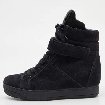 Pre Owned Prada Sport Black Suede High Top Wedge Sneakers Size 38