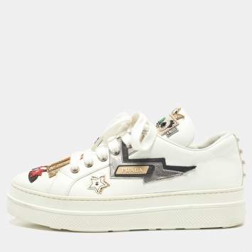 Pre Owned Prada White Leather Robot Queen Patchwork Low Top Sneakers Size 38