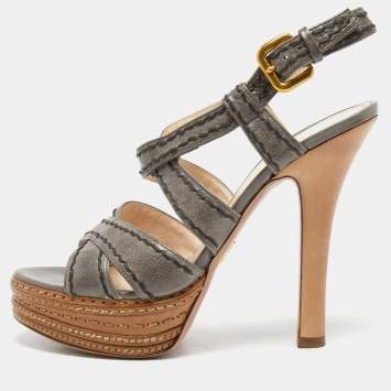 Pre Owned Prada Grey Leather  Platform Ankle Strap Sandals Size 38.5