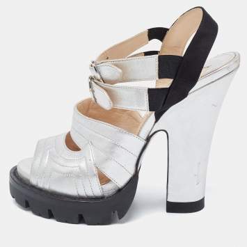 Pre Owned Prada Silver/Black Leather and Satin Double Ankle Strap Sandals Size 38