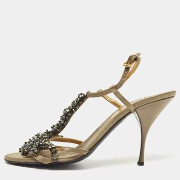Pre Owned Prada Green Satin Crystal Embellished Embellished Sandals Size 39.5
