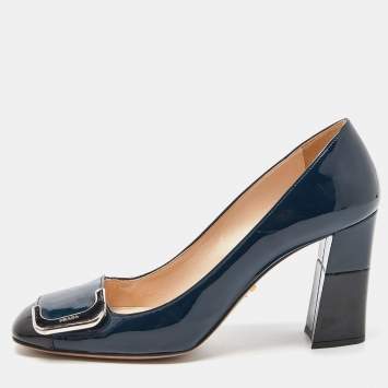 Pre Owned Prada Blue/Black Patent Leather Buckle Square Toe Pumps Size 38