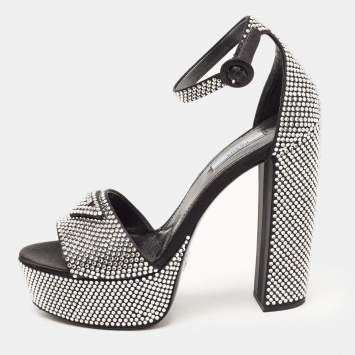Pre Owned Prada Black/Silver Satin and Crystals Platform Sandals Size 39.5
