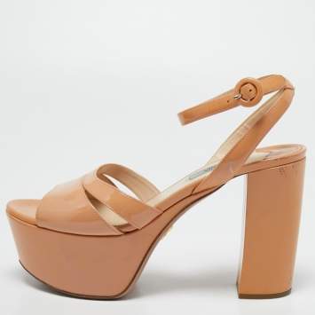 Pre Owned Prada Beige Patent Leather Platform Ankle Strap Sandals Size 39
