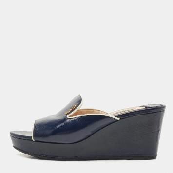 Pre Owned Prada Navy Blue Patent Leather Platform Wedge Sandals Size 38