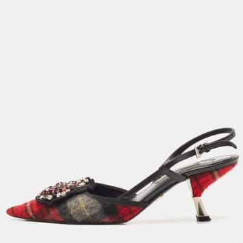 Pre Owned Prada Multicolor Fabric Embellished Slingback Pumps Size 37