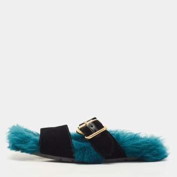 Pre Owned Prada Two Tone Velvet and Fur Flat Slides Size 39.5 