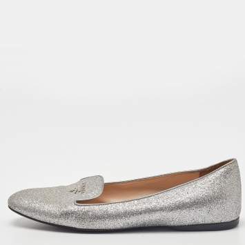 Pre Owned Prada Silver Glitter Logo Smoking Slippers Size 36.5