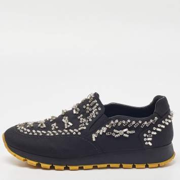 Pre Owned Prada Black Nylon Crystal Embellished Slip On Sneakers Size 37