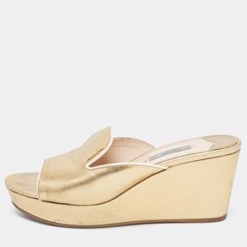Pre Owned Prada Gold Patent Leather Wedge Platform Slide Sandals Size 39.5