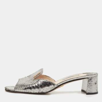 Pre Owned Prada Metallic Grey Python Embossed Leather Slide Sandals Size 37