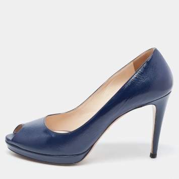 Pre Owned Prada Navy Blue Patent Leather Peep Toe Pumps  Size 38