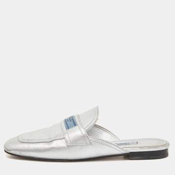 Pre Owned Prada Silver Leather Flat Mules Size 37.5